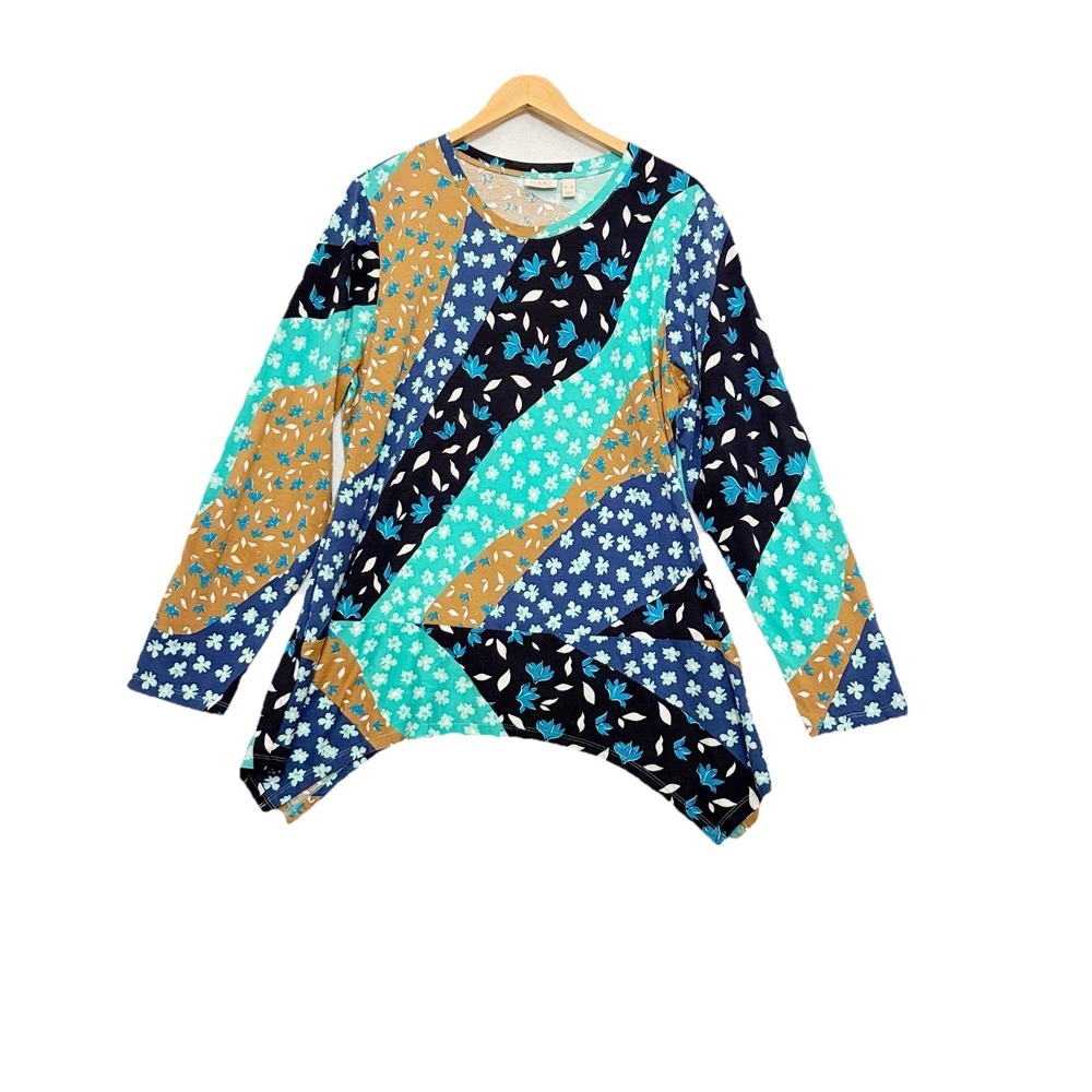 LOGO Lori Goldstein Tunic Multiprint Patchwork Long Slv Asymmetric Flowy‎ Sz XL